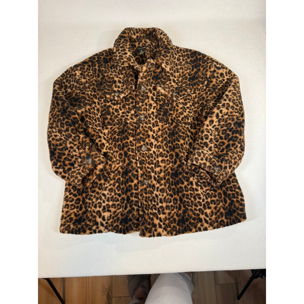 LA IMAGE Leopard Print Sherpa Fleece Button Up Shirt Jacket Women's 1X